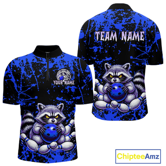 Custom Blue Raccoon Bowling Jersey for Men Bowling Uniform Polo & 1/4 Zip Bowling Team Shirts HNT224