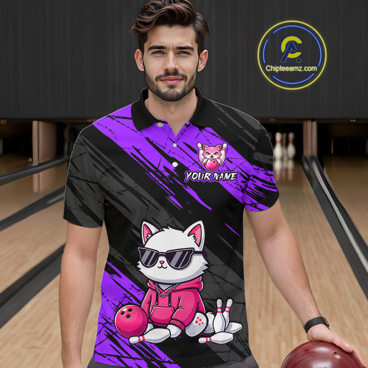 Custom Funny Purple Cat Bowling Jersey for Men Bowling Team Shirts Bowling Polo & 1/4 Zip HNT257