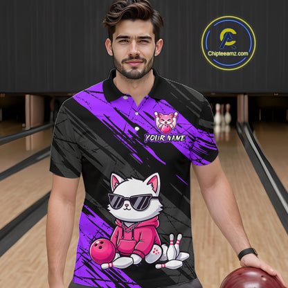 Custom Funny Purple Cat Bowling Jersey for Men Bowling Team Shirts Bowling Polo & 1/4 Zip HNT257