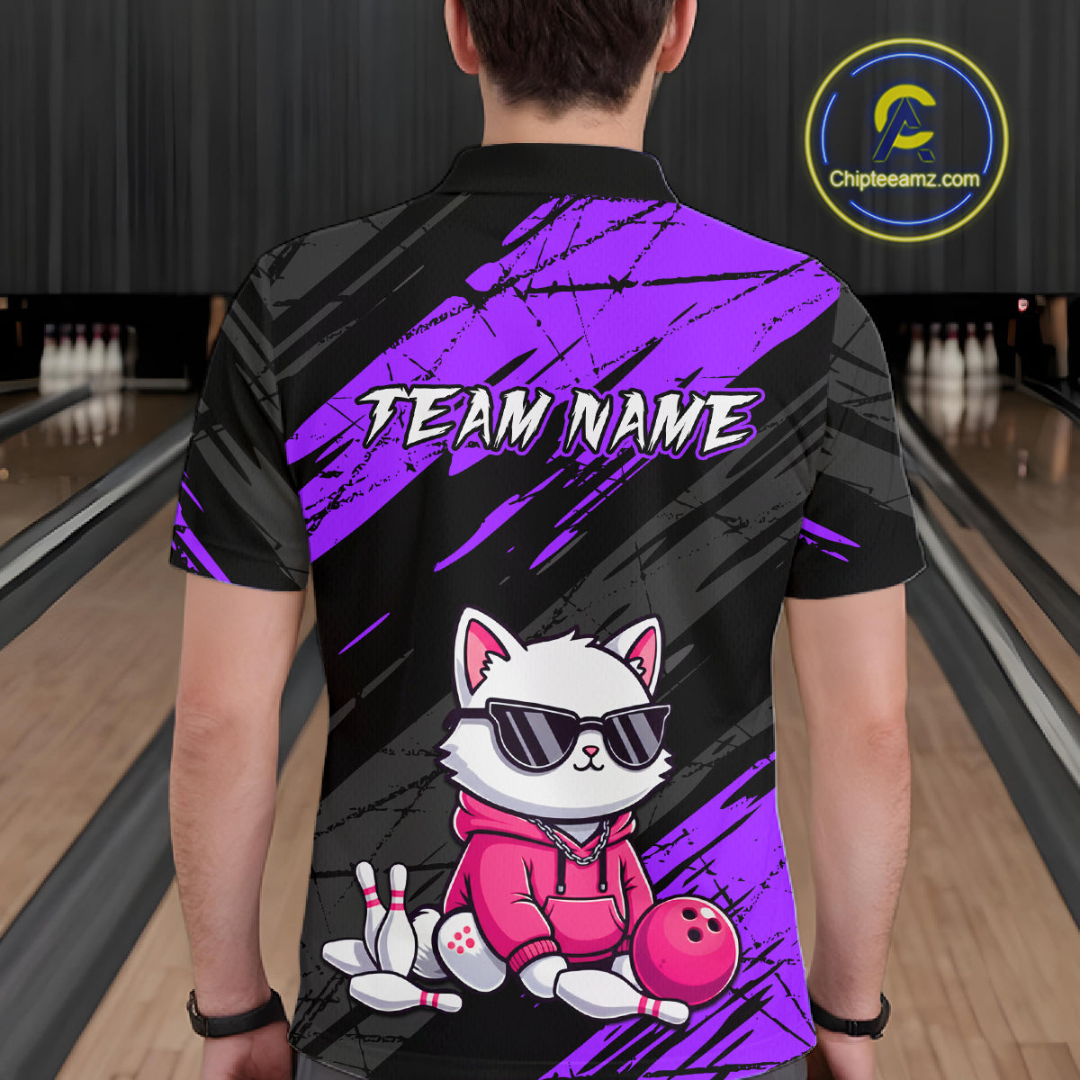 Custom Funny Purple Cat Bowling Jersey for Men Bowling Team Shirts Bowling Polo & 1/4 Zip HNT257