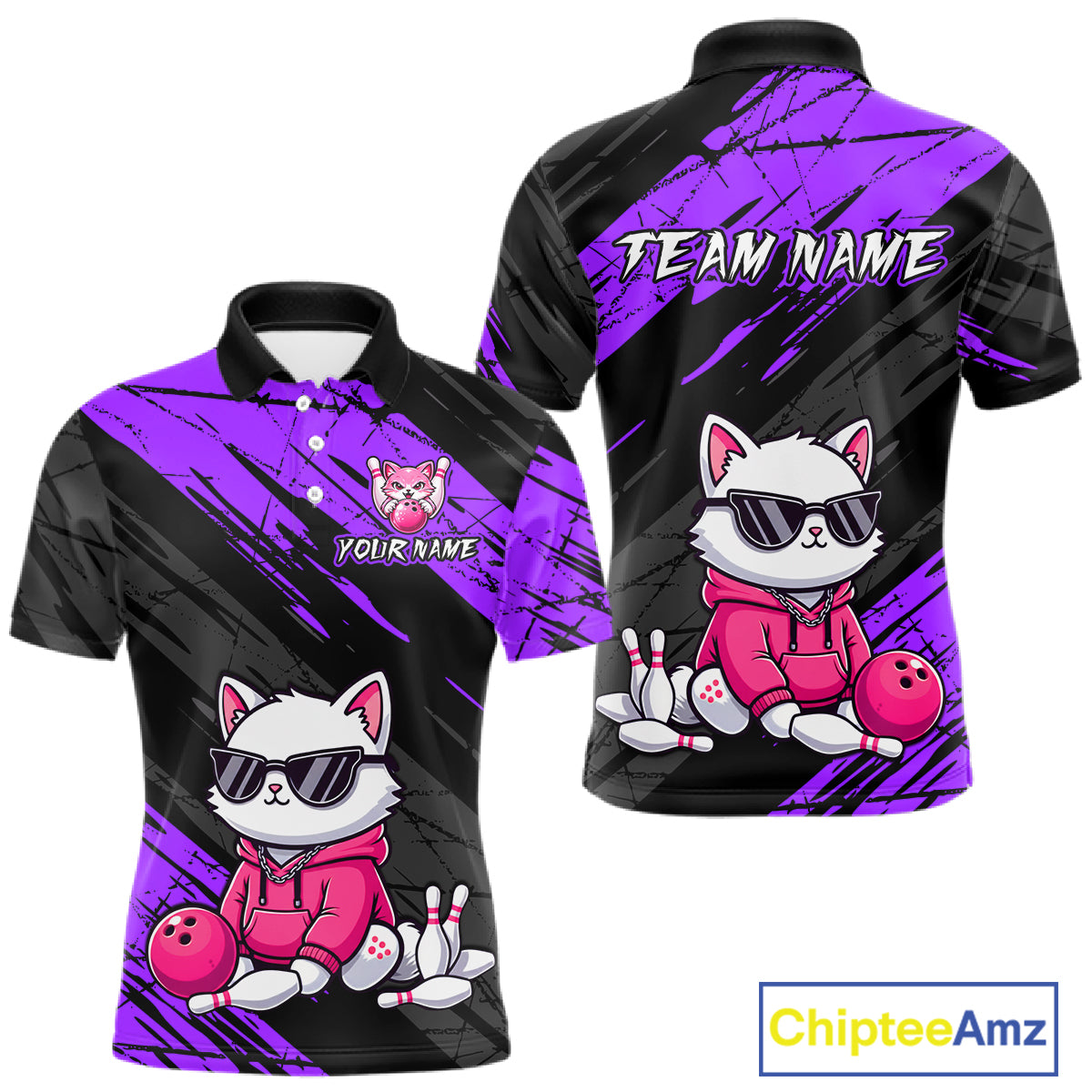 Custom Funny Purple Cat Bowling Jersey for Men Bowling Team Shirts Bowling Polo & 1/4 Zip HNT257