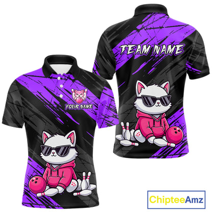 Custom Funny Purple Cat Bowling Jersey for Men Bowling Team Shirts Bowling Polo & 1/4 Zip HNT257