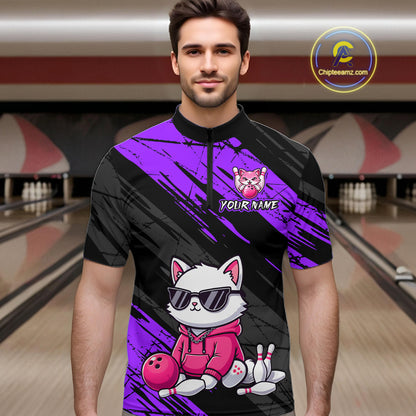 Custom Funny Purple Cat Bowling Jersey for Men Bowling Team Shirts Bowling Polo & 1/4 Zip HNT257