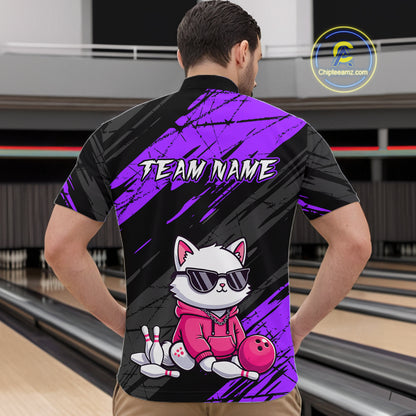 Custom Funny Purple Cat Bowling Jersey for Men Bowling Team Shirts Bowling Polo & 1/4 Zip HNT257