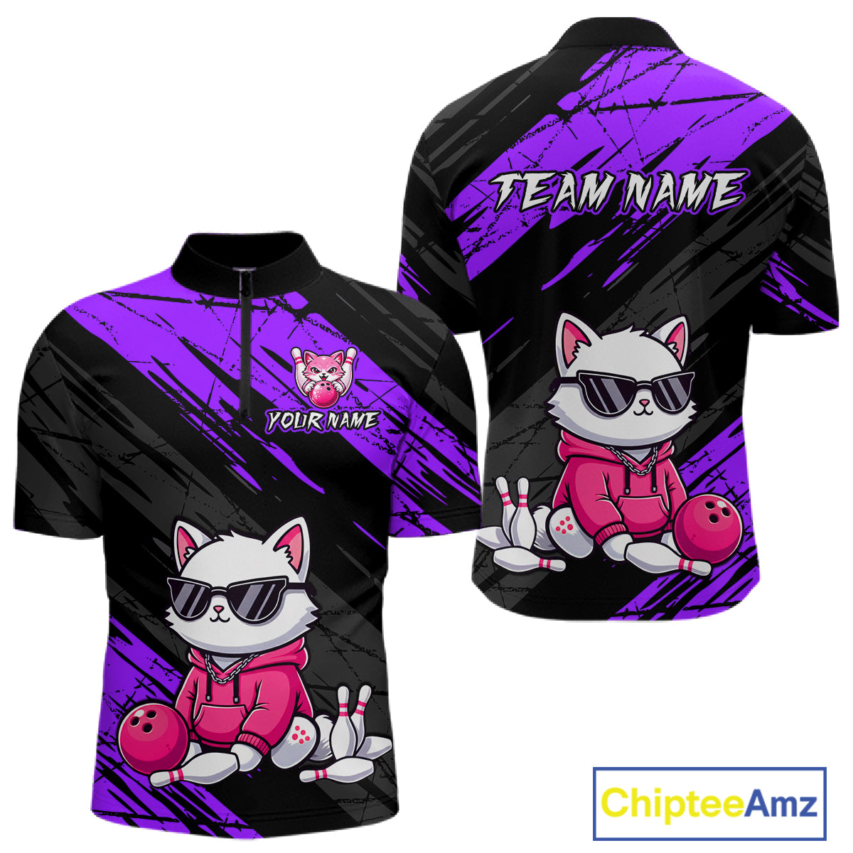 Custom Funny Purple Cat Bowling Jersey for Men Bowling Team Shirts Bowling Polo & 1/4 Zip HNT257