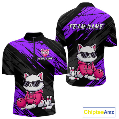 Custom Funny Purple Cat Bowling Jersey for Men Bowling Team Shirts Bowling Polo & 1/4 Zip HNT257