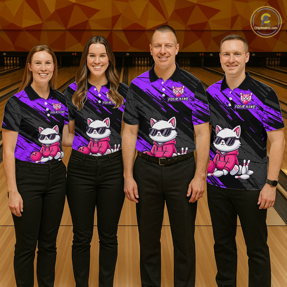 Custom Funny Purple Cat Bowling Jersey for Men Bowling Team Shirts Bowling Polo & 1/4 Zip HNT257