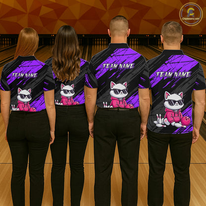 Custom Funny Purple Cat Bowling Jersey for Men Bowling Team Shirts Bowling Polo & 1/4 Zip HNT257