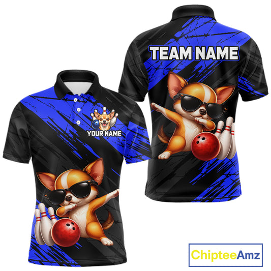 Black and blue polo shirt with cartoon dog design and customizable text on a white background