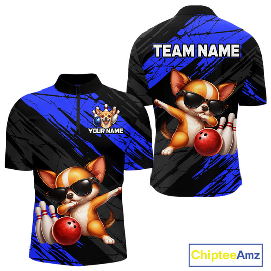 Two bowling shirts with a dog design and customizable text on a white background