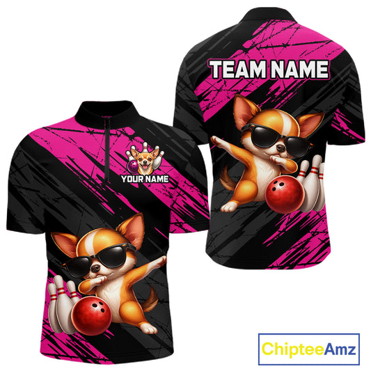 Bowling-themed shirt with a dog design, customizable text, and brand logo.