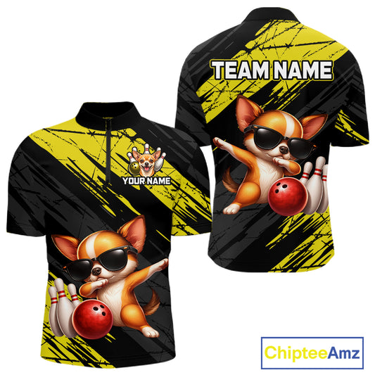Two polo shirts with a dog bowling design and customizable text on a white background.