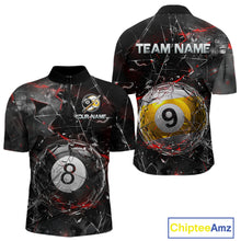 Load image into Gallery viewer, Men’s collared pool-themed quarter zip dress in black and gray tones with cracked glass artwork, custom “TEAM NAME” and “YOUR NAME” text areas, and dramatic 8-ball and 9-ball illustrations.