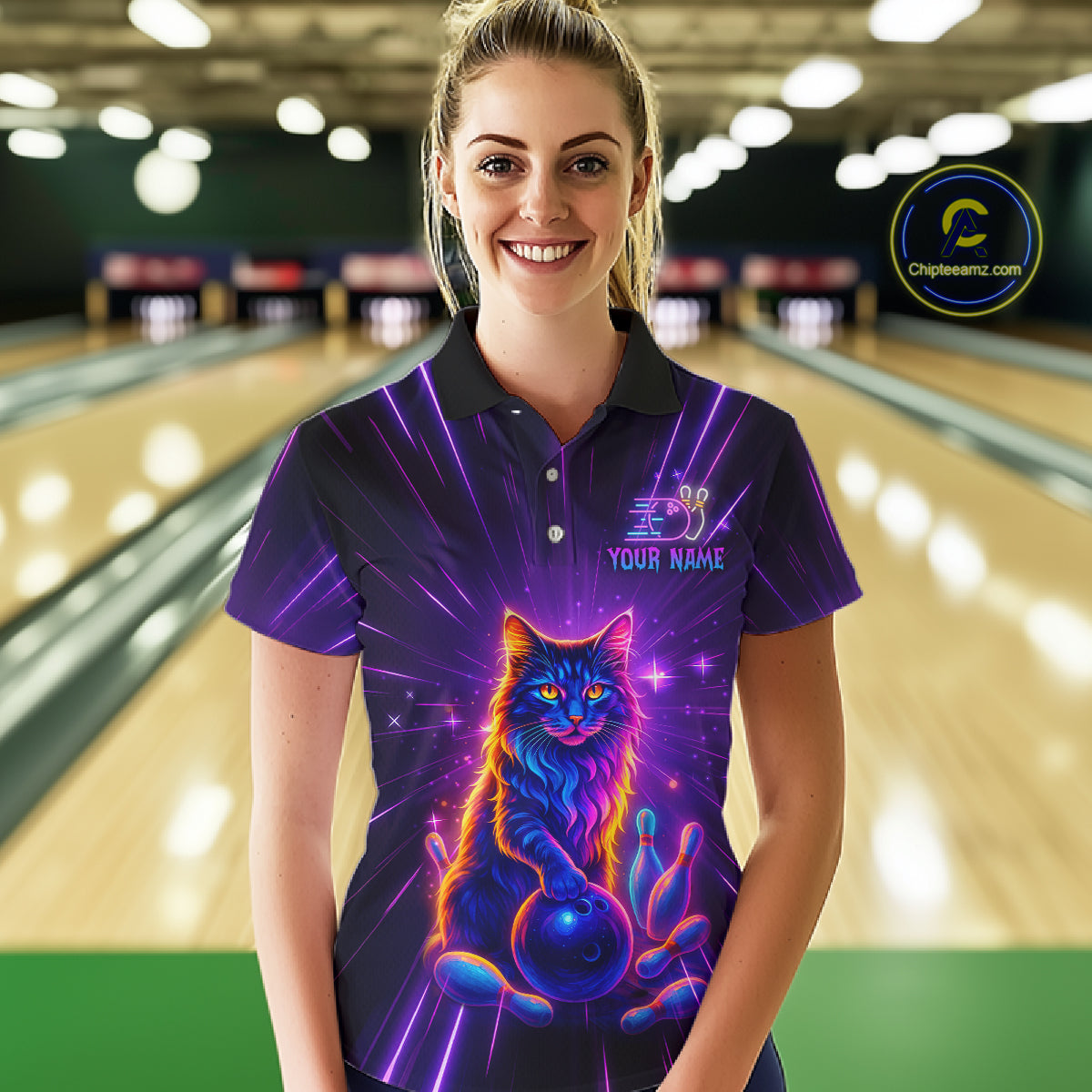 Custom Neon Cat Bowling Jersey for Women Bowling Team Shirts Bowling League Polo & 1/4 Zip HNT153