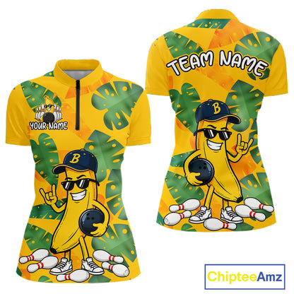 Front and back views of a bright yellow quarter zip shirt with tropical leaf patterns, featuring a cartoon banana character wearing sunglasses and holding a bowling ball among scattered pins.
