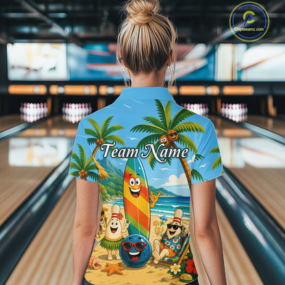 Woman wearing a sky blue bowling polo with a tropical beach scene, smiling bowling ball and pins, colorful surfboard, palm trees, and personalized team name 