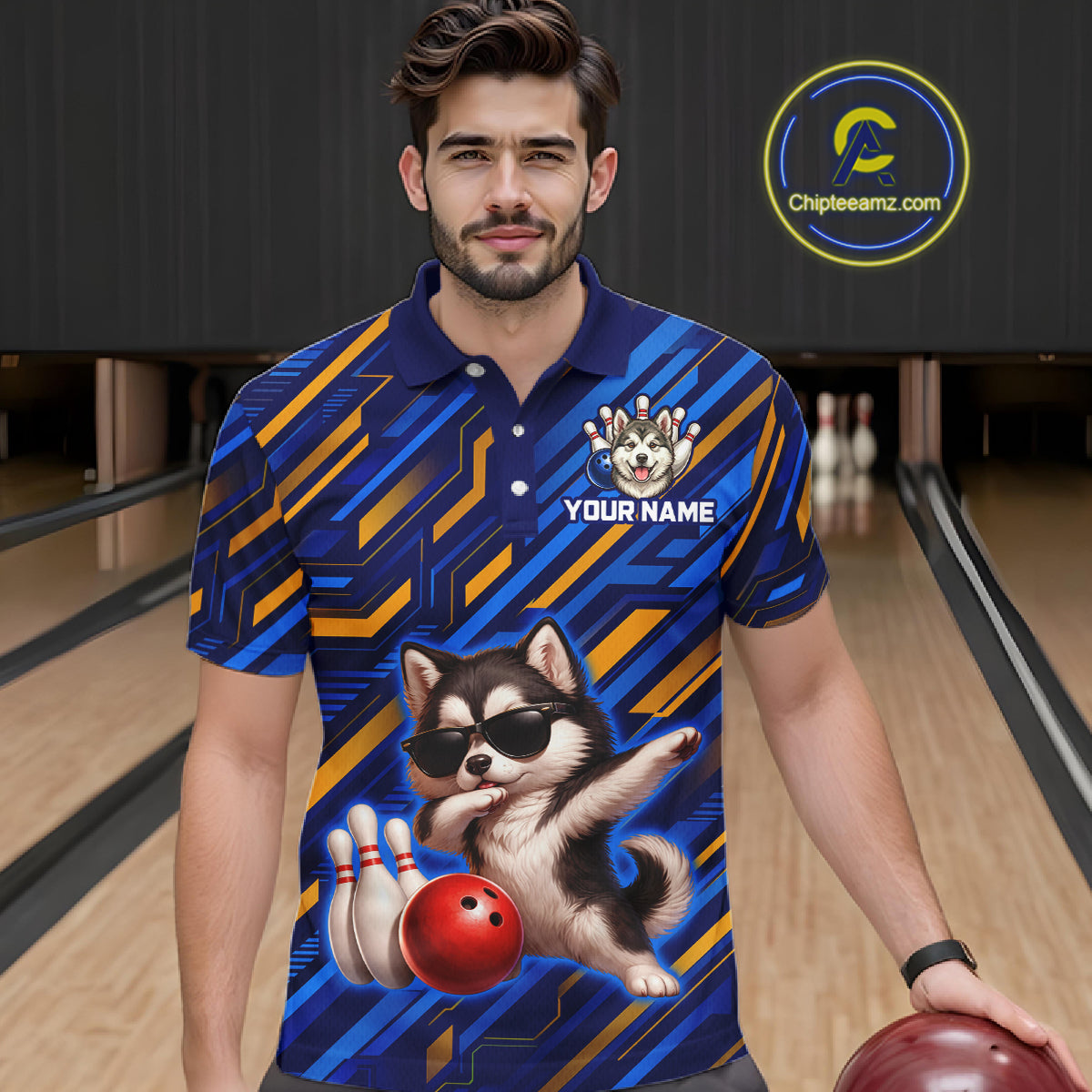 Custom Husky Dog Bowling Jersey for Men Bowling Uniform Polo & 1/4 Zip Bowling Team Shirts HNT263