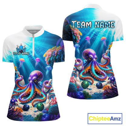 Front and back views of a white and ocean-blue bowling quarter zip shirt featuring a vibrant underwater scene with a purple octopus, floating jellyfish, coral reefs, and scattered bowling pins.