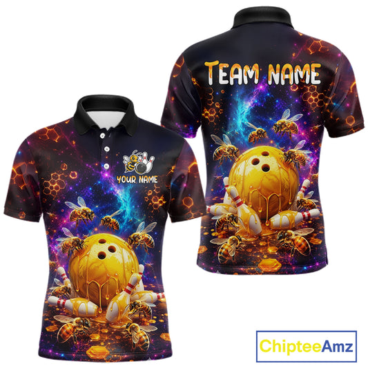 Front and back views of a dark bowling polo with cosmic honeycomb graphics, bees, honey-dripping bowling balls, pins, and custom team text.