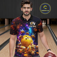 Load image into Gallery viewer, Man wearing a colorful bowling shirt with a design of a bowling ball and bees in a bowling alley.