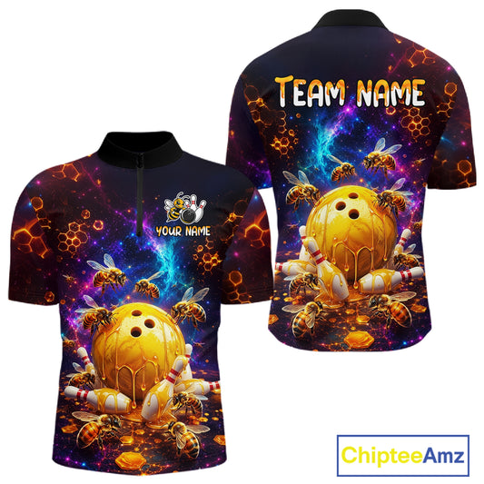 Front and back views of a dark bowling quarter zip with cosmic honeycomb graphics, bees, honey-dripping bowling balls, pins, and custom team text.