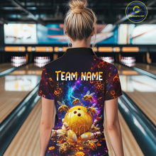 Load image into Gallery viewer, Woman wearing of a dark bowling quarter zip with cosmic honeycomb graphics, bees, honey-dripping bowling balls, pins, and custom team name text.