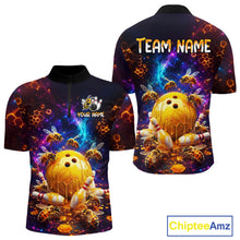 Load image into Gallery viewer, Front and back views of a dark bowling quarter zip with cosmic honeycomb graphics, bees, honey-dripping bowling balls, pins, and custom team text.