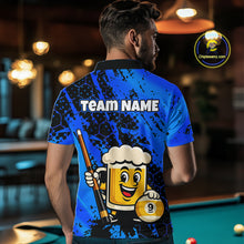 Load image into Gallery viewer, Man wearing a blue funny beer with a cartoon beer mug and pool cue design, standing in a bar.
