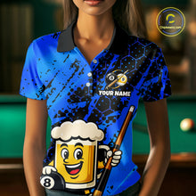 Load image into Gallery viewer, Woman wearing a bright blue billiards polo with black splatter graphics, custom “YOUR NAME” text, and a smiling beer mug mascot holding a pool cue.