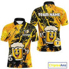 Load image into Gallery viewer, Custom pool team shirt featuring a cartoon beer mug character, 8-ball and 9-ball graphics, and personalized “TEAM NAME” and “YOUR NAME” text areas.