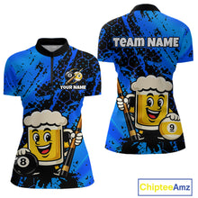 Load image into Gallery viewer, Custom pool team shirt featuring a cartoon beer mug character, 8-ball and 9-ball graphics, and personalized “TEAM NAME” and “YOUR NAME” text areas.