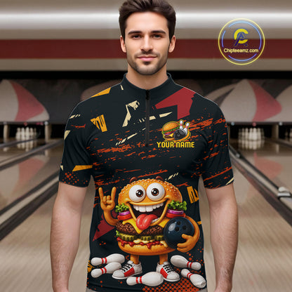 A man wearing a black short-sleeve cycling jersey with a colorful cartoon burger character and bowling-themed graphics, standing in front of a blurred bowling alley background. A circular 'ChipteeAmz'.