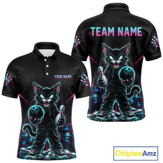 Black short-sleeve polo athletic jersey shown from front and back, featuring a neon-style cartoon cat holding bowling pins and balls, with customizable text placeholders 'YOUR NAME' and 'TEAM NAME'. A 'ChipteeAmz' logo appears in the bottom right corner.