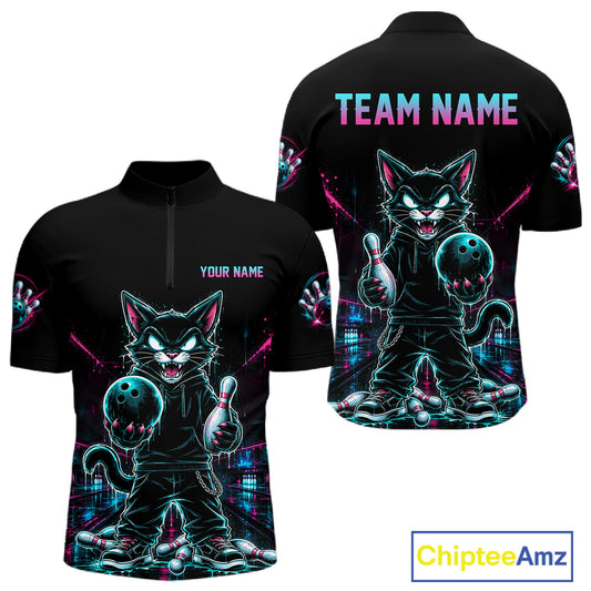 Black short-sleeve quarter-zip athletic jersey shown from front and back, featuring a neon-style cartoon cat holding bowling pins and balls, with customizable text placeholders 'YOUR NAME' and 'TEAM NAME'. A 'ChipteeAmz' logo appears in the bottom right corner.