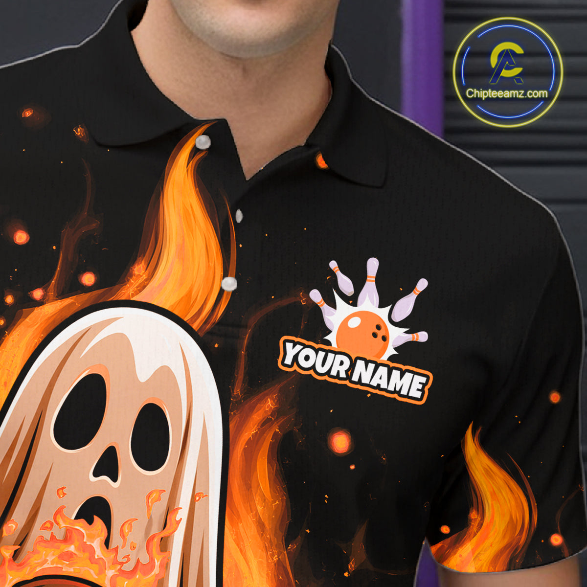 Custom Orange Funny Ghost Halloween Bowling Jersey for Men Polo & 1/4 Zip Bowling Team Shirts HNT468