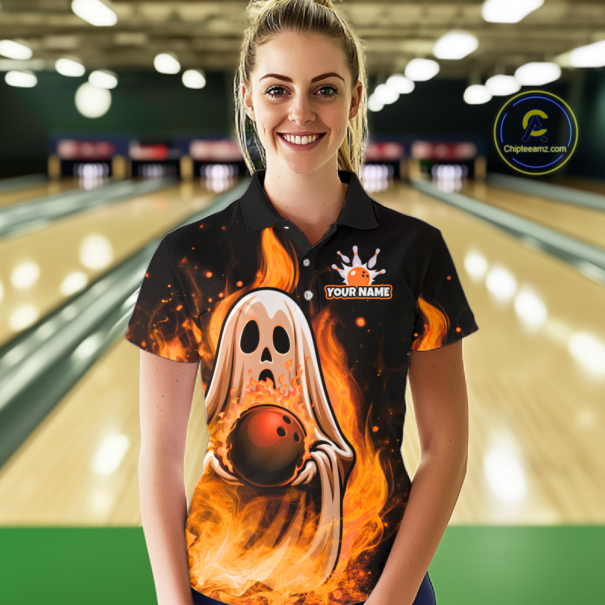 Custom Orange Funny Ghost Halloween Bowling Jersey for Women Polo & 1/4 Zip Bowling Team Shirts HNT468