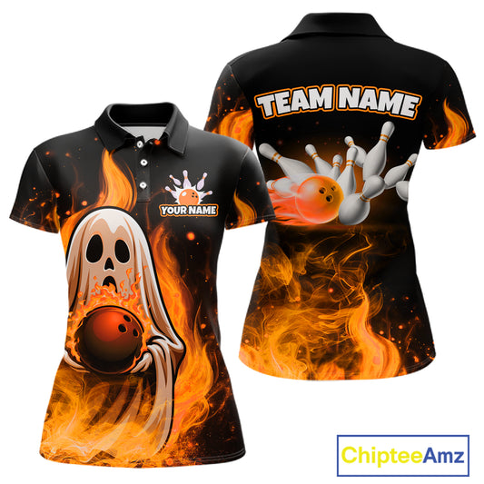 Custom Orange Funny Ghost Halloween Bowling Jersey for Women Polo & 1/4 Zip Bowling Team Shirts HNT468