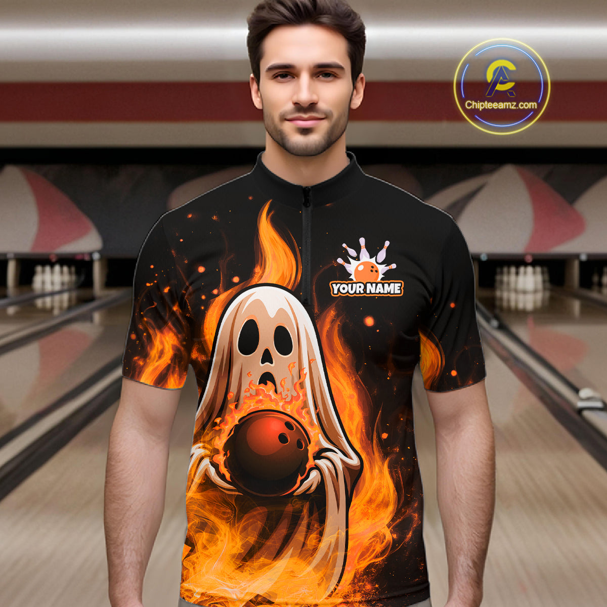 Custom Orange Funny Ghost Halloween Bowling Jersey for Men Polo & 1/4 Zip Bowling Team Shirts HNT468