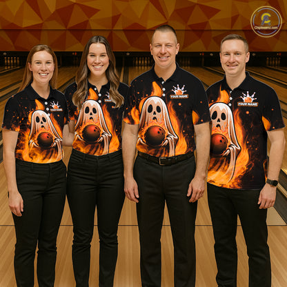 Custom Orange Funny Ghost Halloween Bowling Jersey for Women Polo & 1/4 Zip Bowling Team Shirts HNT468