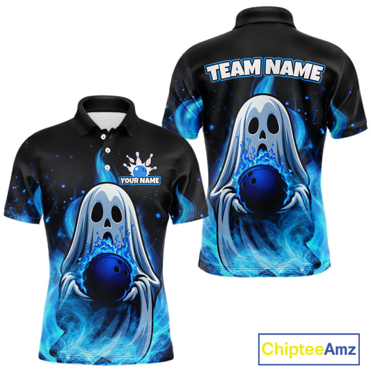 Custom Blue Flame Ghost Bowling Team Shirts, Bowling Shirts For Men Bowling Jersey HNT466