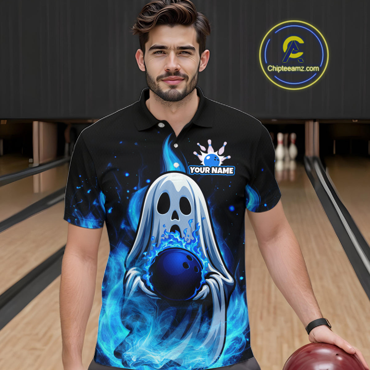 Custom Blue Flame Ghost Bowling Team Shirts, Bowling Shirts For Men Bowling Jersey HNT466