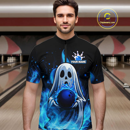 Custom Blue Flame Ghost Bowling Team Shirts, Bowling Shirts For Men Bowling Jersey HNT466