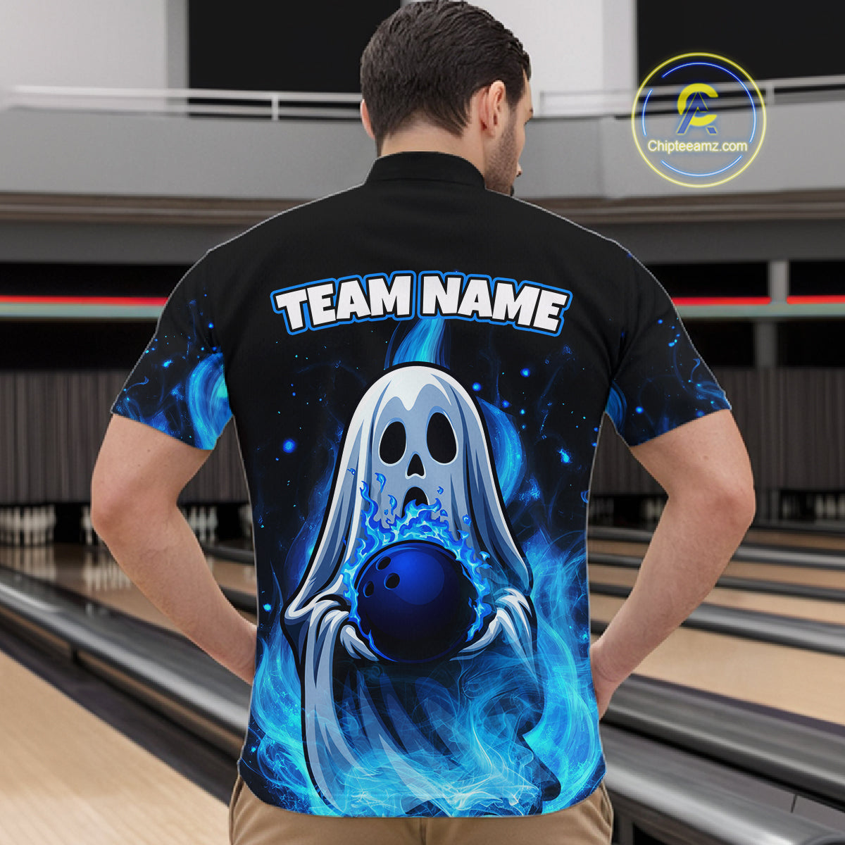 Custom Blue Flame Ghost Bowling Team Shirts, Bowling Shirts For Men Bowling Jersey HNT466