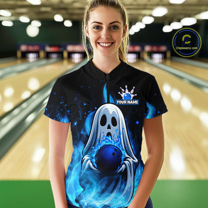 Custom Blue Flame Ghost Bowling Team Shirts, Bowling Shirts For Women Bowling Jersey HNT466