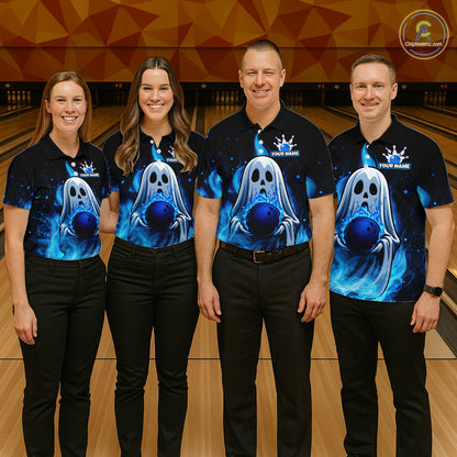 Custom Blue Flame Ghost Bowling Team Shirts, Bowling Shirts For Men Bowling Jersey HNT466