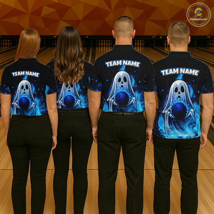 Custom Blue Flame Ghost Bowling Team Shirts, Bowling Shirts For Men Bowling Jersey HNT466