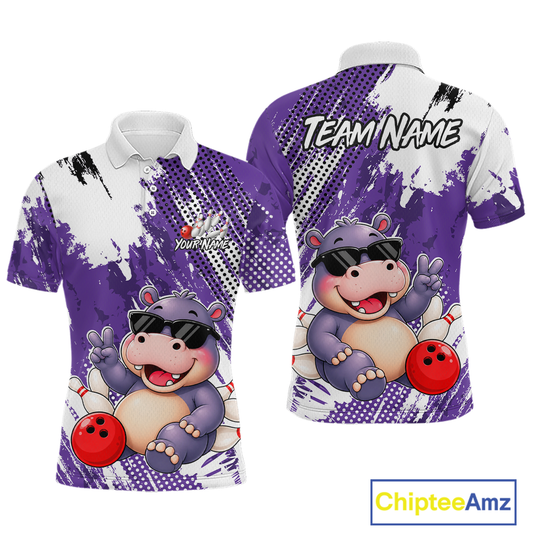 Front and back views of a white and purple bowling polo with paint-splatter patterns, featuring a smiling hippo in sunglasses, bowling pins, and a red bowling ball.