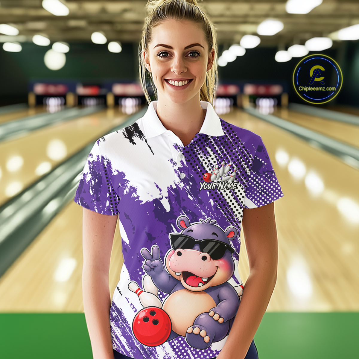 Custom Funny Hippo Bowling Team Shirts Bowling Shirt for Women Bowling League Polo &1/4 Zip HNT348