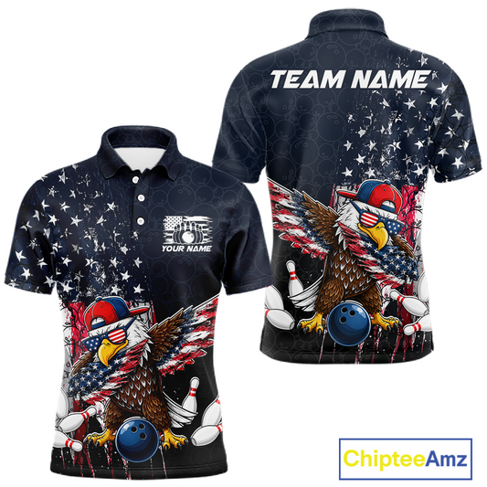 Front and back views of a dark patriotic bowling polo with distressed stars-and-stripes graphics, a eagle , bowling pins, and custom team text.