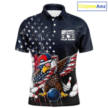 Load image into Gallery viewer, Front views of a dark patriotic bowling polo with distressed stars-and-stripes graphics, a eagle , bowling pins, and custom team text.